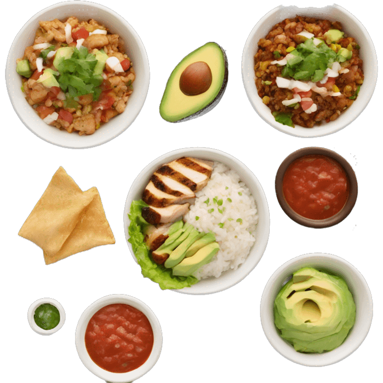 Chipotle bowl with lettuce, grilled chicken, rice, avocado and salsa emoji