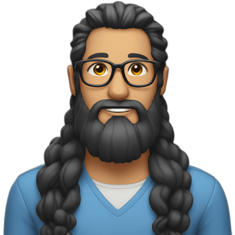 Man with long black and White beard long hair in ponytail and glasses emoji