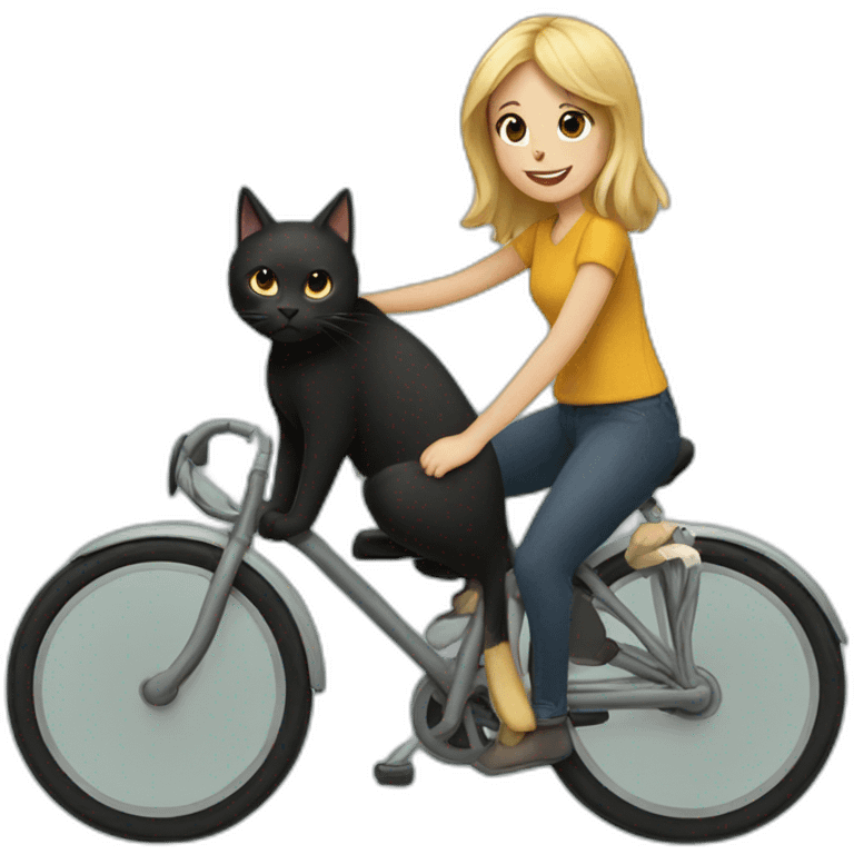 a black cat riding a bike with a girl with brown hair with blonde highlighted bangs emoji