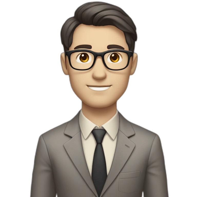 Full height Pale skinned Fit Man With dark brown hair in classic gray suit, beige office shirt, dark gray tie, and vintage glasses. His right hand is directed up emoji