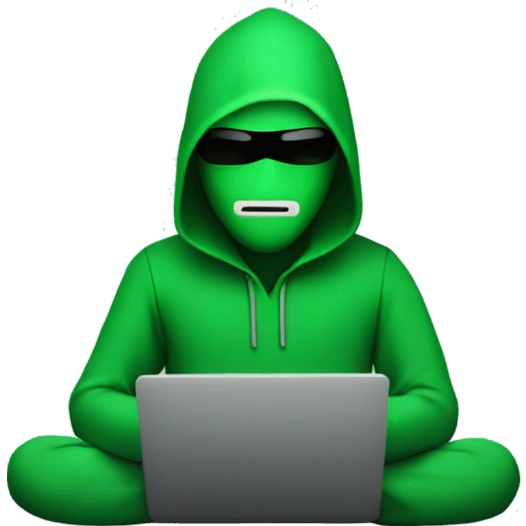 Generate a emoji of the programming hacker with a laptop that has he code in green colour and has no face and in back colour emoji