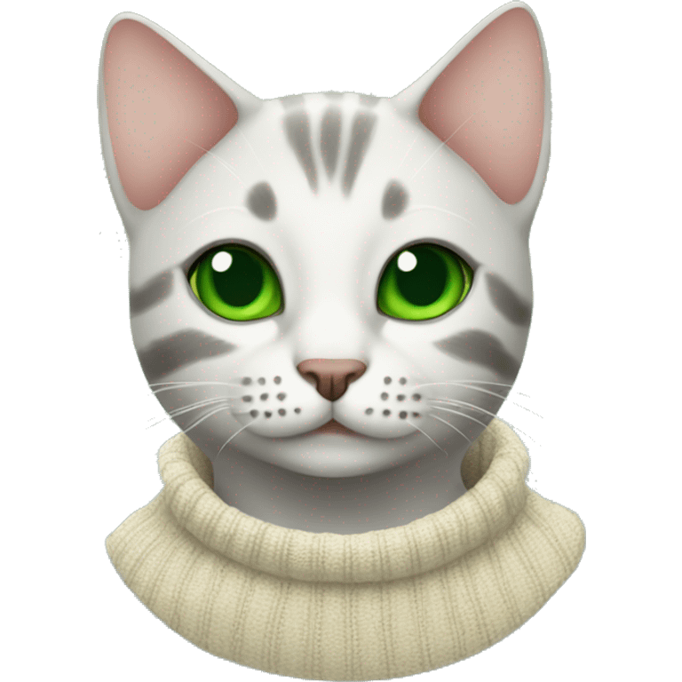 a bald cat with green eyes and a New Year's sweater emoji