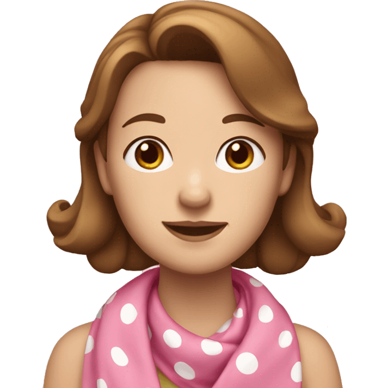 A white woman with brown hair wearing a pink kerchief with white polka dots emoji