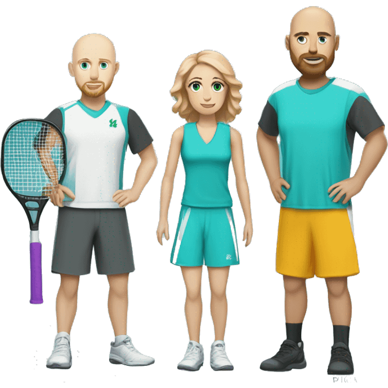 White couple, 35 yro, in pickleball clothes. Male bald= aqua eyes, beard, white, bald, and aqua eyes. Female = long light brown hair, aqua eyes.  emoji