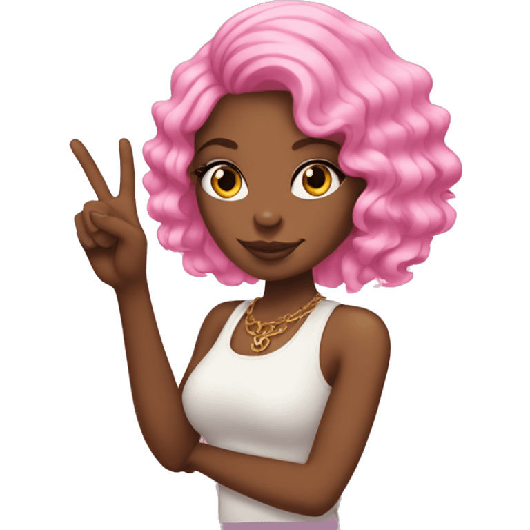 Pink haired African American woman  putting up peace sign with pink nails emoji