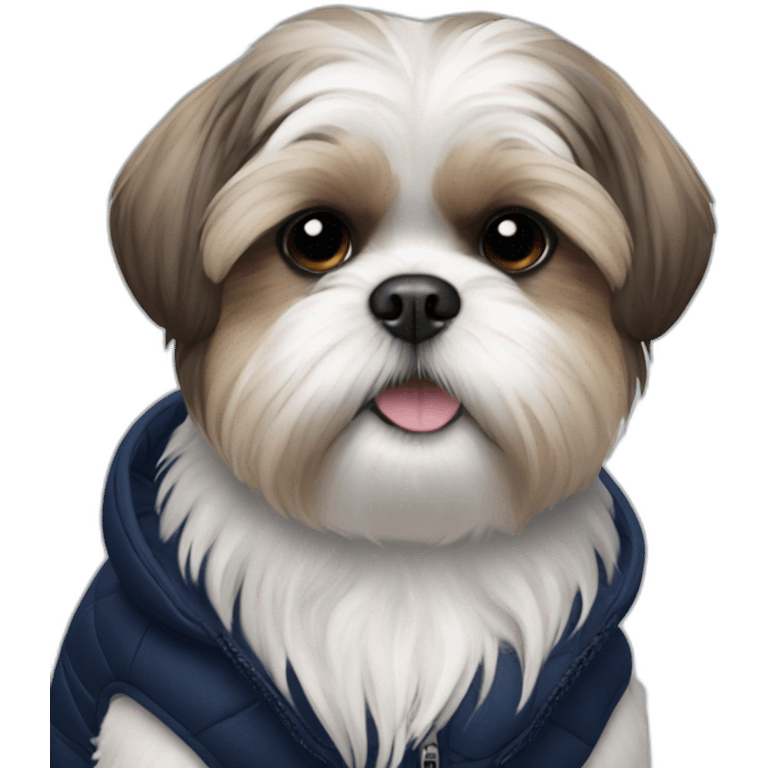 Short-haired shih tzu in sleeveless navy blue puffer jacket emoji