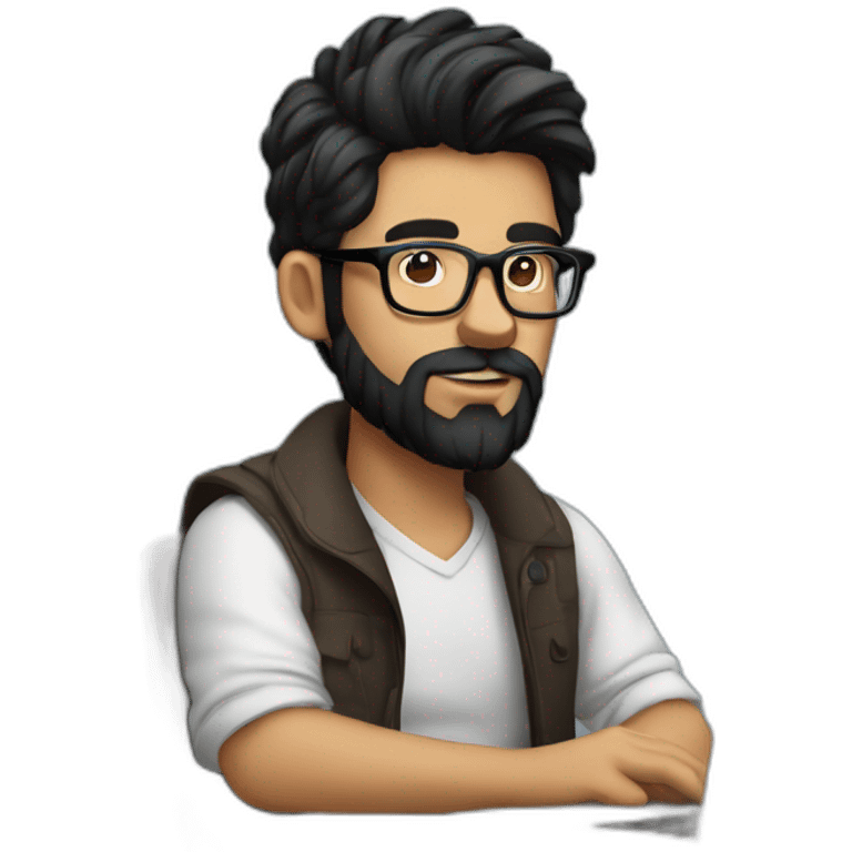 Designer with black hair, beard and glasses working with MacBook and drinking cappuccino  emoji