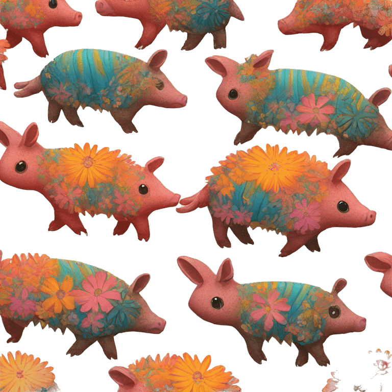 retro groovy hippie trippy floral patterns on a pig armadillo centipede emoji