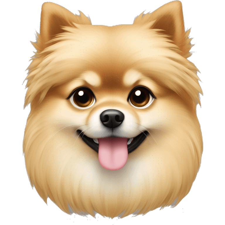 Hay una Chía rubia guapa con el pelo liso con volumen y ojos negros que tiene en brazos un pomeranian blanco y rojizo emoji