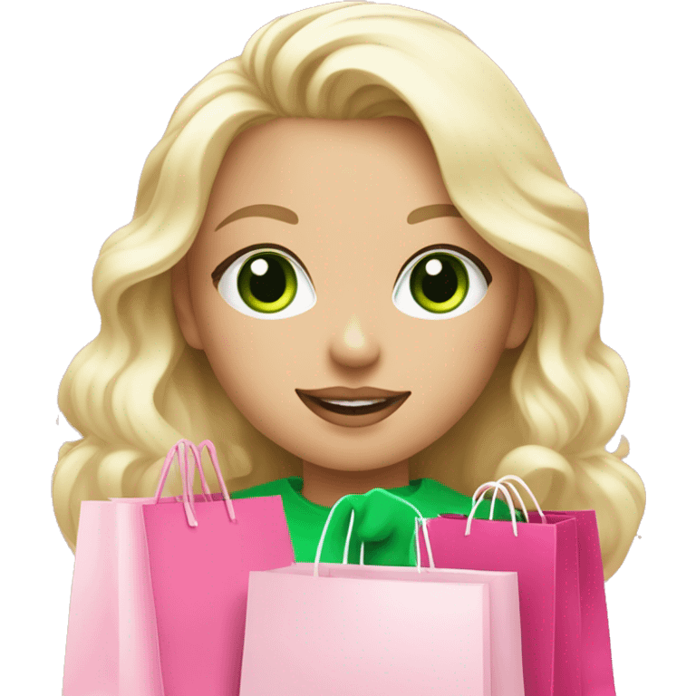 cute platinum blonde with green eyes wearing pink surrounded by pink shopping bags emoji