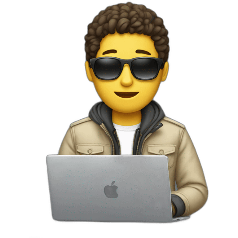 A boy wear a jacket and have sunglasses and white face and with laptop emoji