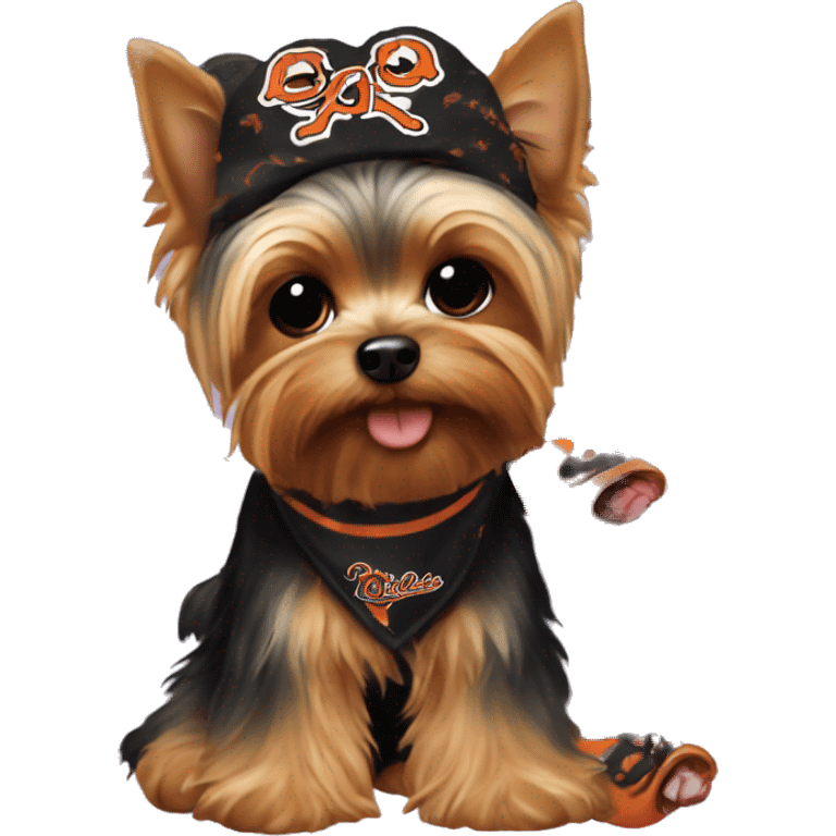 yorkie wearing a baltimore orioles bandana with no hat emoji