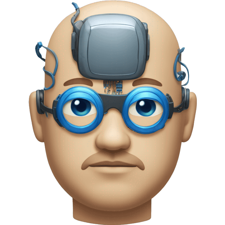 Fat bald cyborg head with tan skin, blue beard, blue goggles and circuits emoji