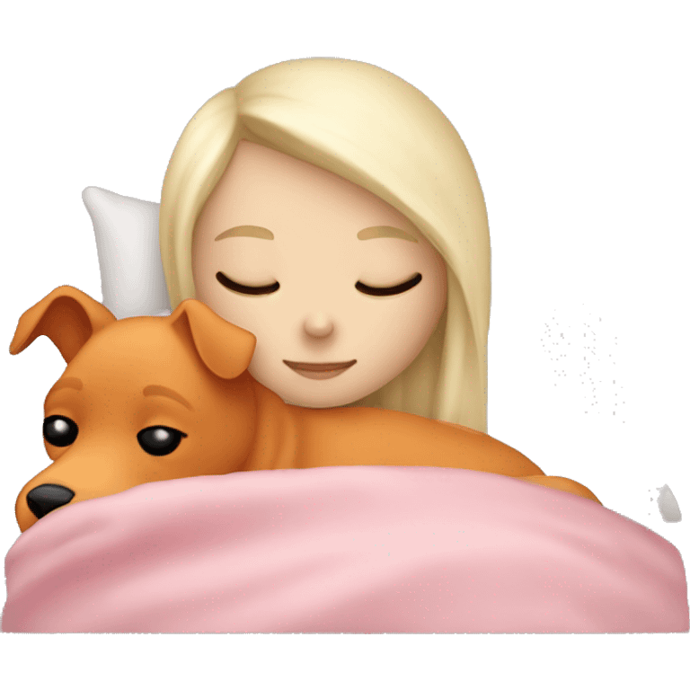 White blonde girl who sleeping peacefully with his orange dog in a bed with a white pillow and a pink blanket emoji