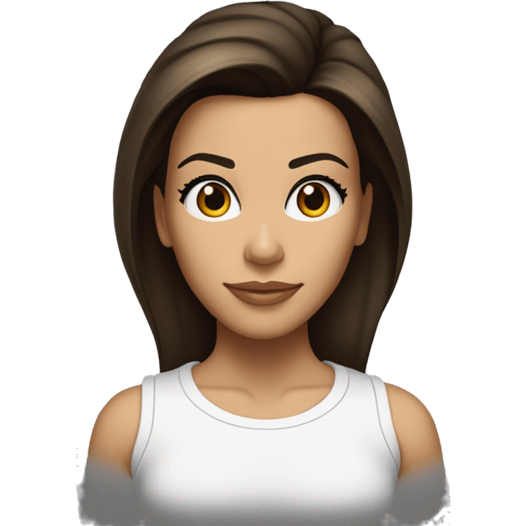 3/4 face, contrasted, shadow, light, Eva Longoria expression, standing, thin nose, brunette woman, hazel eyes, long eyelashes, dark shoulder shaded hair, white t-shirt, jeans, white sneakers emoji