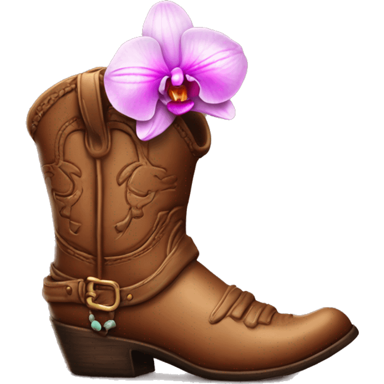 Brown cowgirl boot vase with orchid sticking out of it emoji