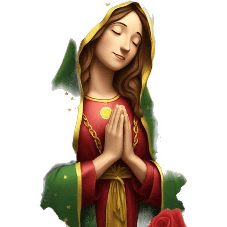 Virgin Mary: kind face looking down at the left, long brown hair, Wearing an emerald green  robe with gold stars and a burgundy red dress,  Hands in prayer or blessing. Halo around her head. standing in front of a big sun. colorful roses on the sides  emoji