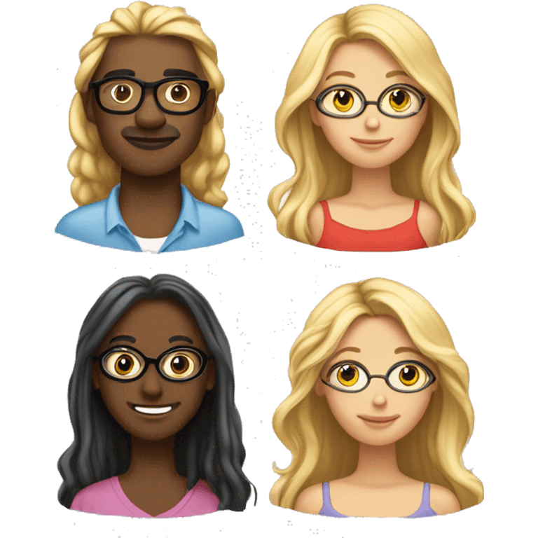 Let's have 3 people side by side. Let's have a man in the middle and he should have glasses. Let's have a woman with blonde hair and dark skin on the left. Let's have a beautiful woman with long hair on the right. emoji