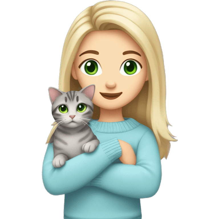 Blond chin lenght hair girl with middle part and green eyes in a light blue sweater holding a grey tabby cat with white paws and face emoji