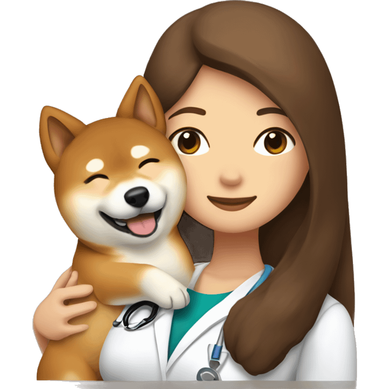 Shiba Inu cuddles a doctor woman with long brown hair emoji