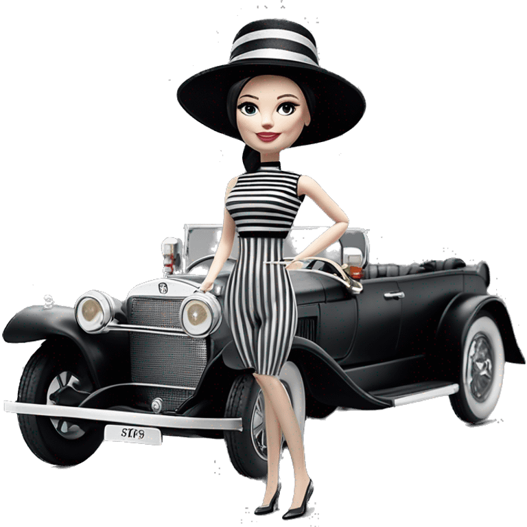 Kentucky Derby Barbie, 1910 Wednesday Addams from academy, in dark-gray and black striped outfit with hat. Smiling Driving Mercedes convertible sports car. Pale-white porcelain skin.  emoji