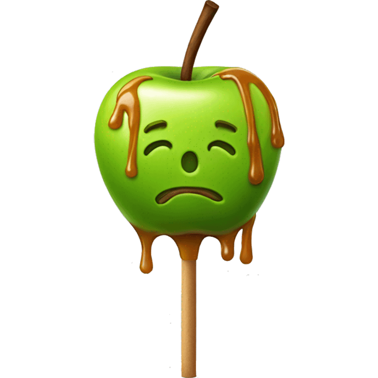 Realistic single green apple with caramel drizzled over it on a stick . emoji