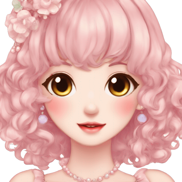 Gorgeous anime style lady with blushing face and accessories cottagecore fairycore Kawaii anime colorful pearly romantic aesthetic trending style emoji