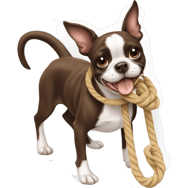 Brown Boston terrier with rope toy in mouth emoji