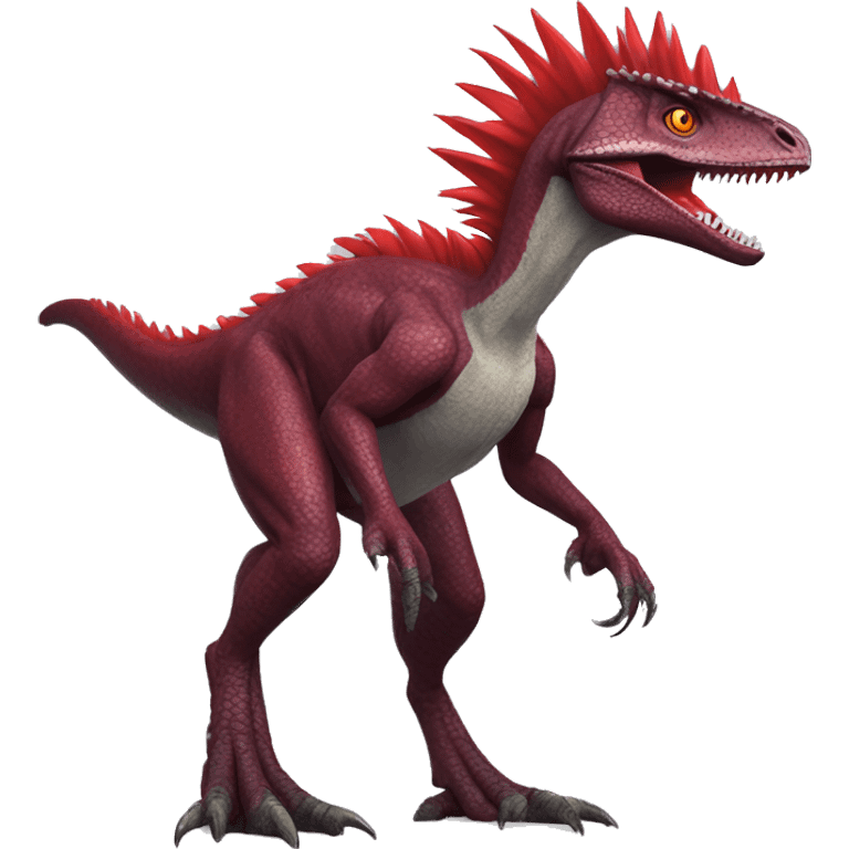 Cool edgy sexy Maroon-colored velociraptor with bright-red spiky mane full body emoji