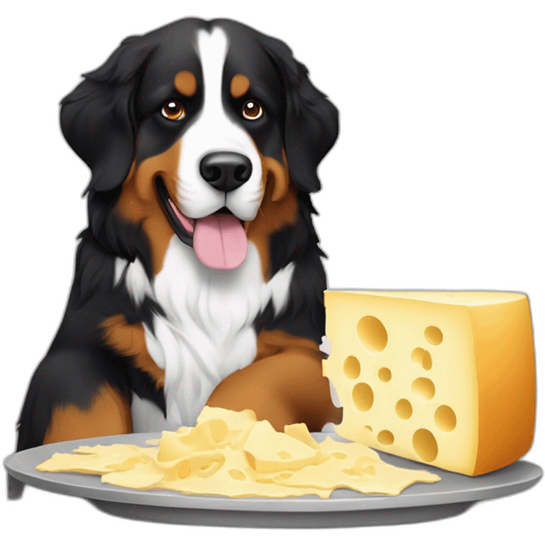 Bernese mountain dog eating swiss cheese fondue emoji