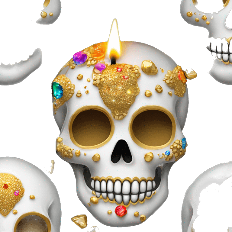 Realistic white sugar skull decorated with colorful rhinestones with a tall metallic gold candle on top of its head dripping down melted metallic gold wax down the skull emoji