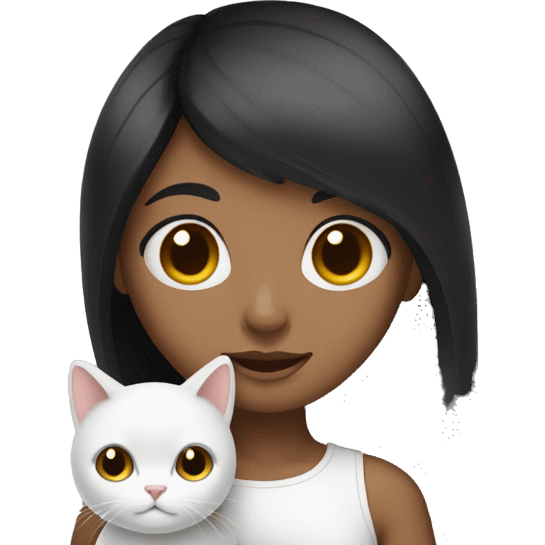 Black straight hair girl holding fluffy white cat  emoji