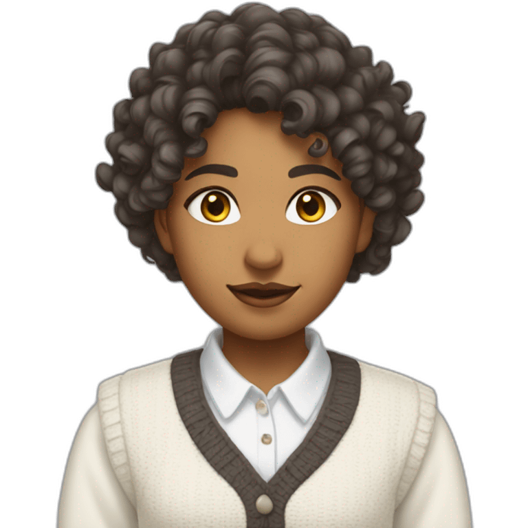 curly hair indian girl wearing a collared long sleeve white shirt under a white sweatervest emoji