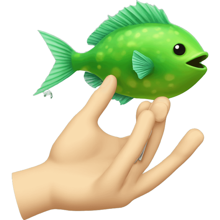 A hand with a needle about to touch a Green puffer fish emoji