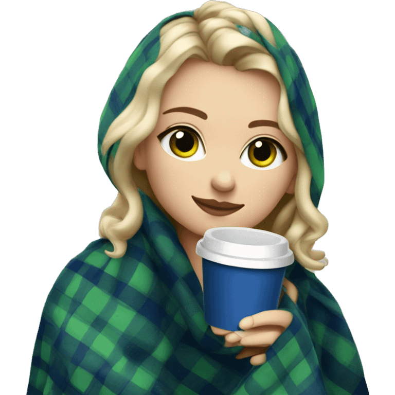 cute dirty blonde girl with green hazel wrapped in dark blue plaid blanket drinking coffeeemoji emoji