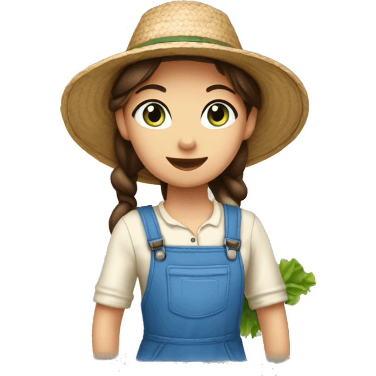 farmer girl, blue eyes, dark nbrown hair, with a straw hat, ponytail, holding greens emoji