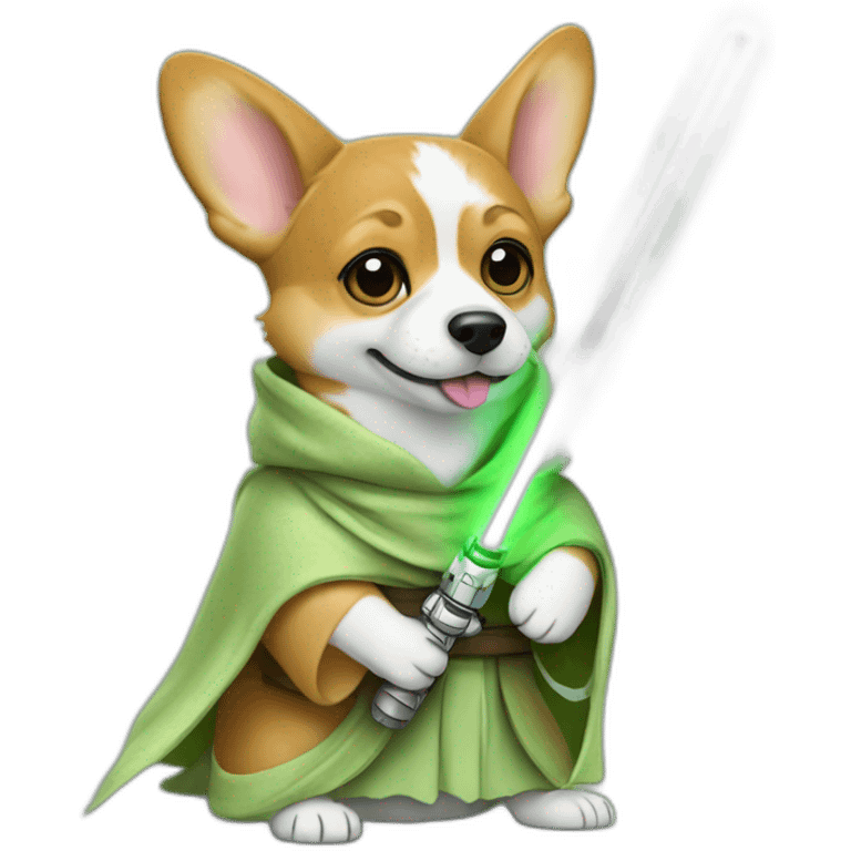 Corgi dress as yoda with one light saber green emoji