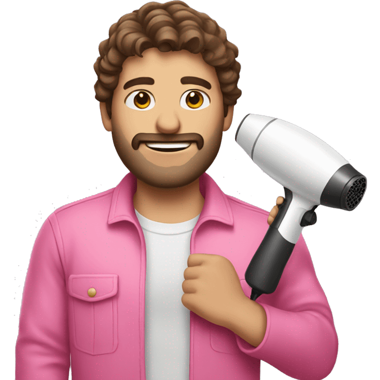 Man with brown hair and pink outfit and hairdryer emoji