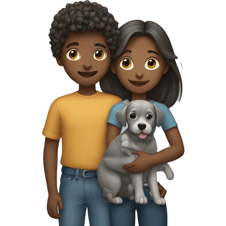 one boy and one girl holding a grey dog together emoji