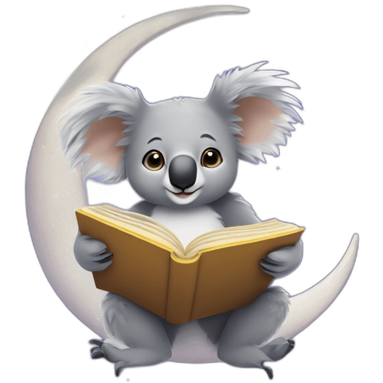 A koala perched on a crescent moon, reading a book with constellations glowing on the pages. emoji