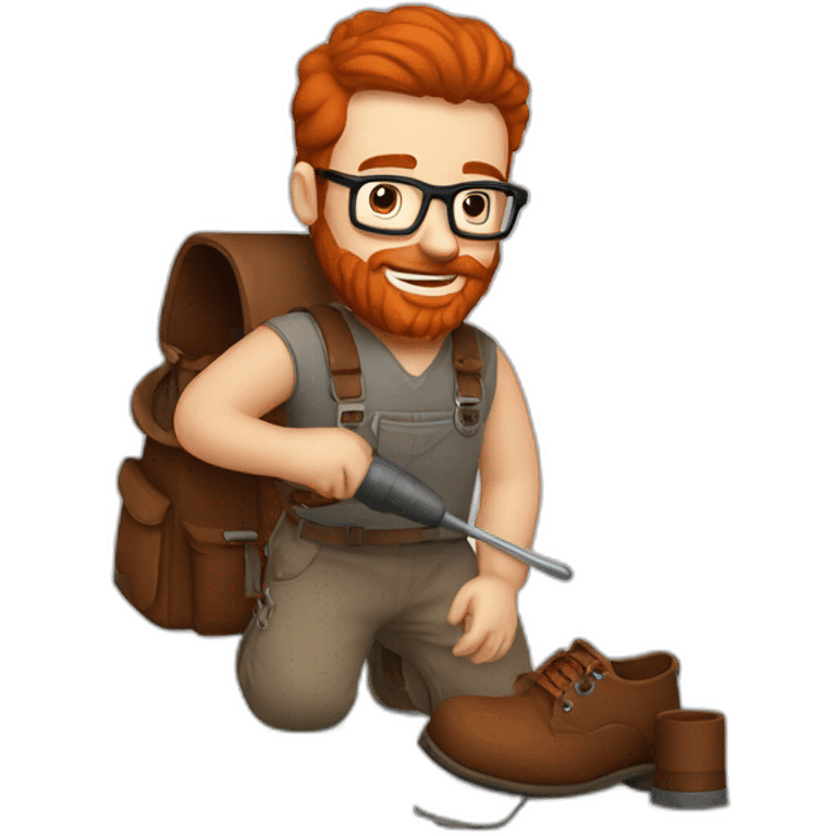 Red smooth haired man with beard and glasses hand sewing a saddle bag with a hammer emoji