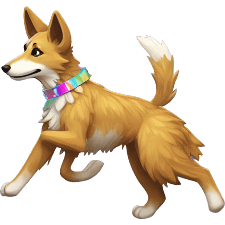  brindle fluffy lurcher Alsatian fox running blue eyes fluffy ears and iridescent holographic oilslick harness wearing paper iridescent tropical flower crown yellow caution tape neon sign emoji