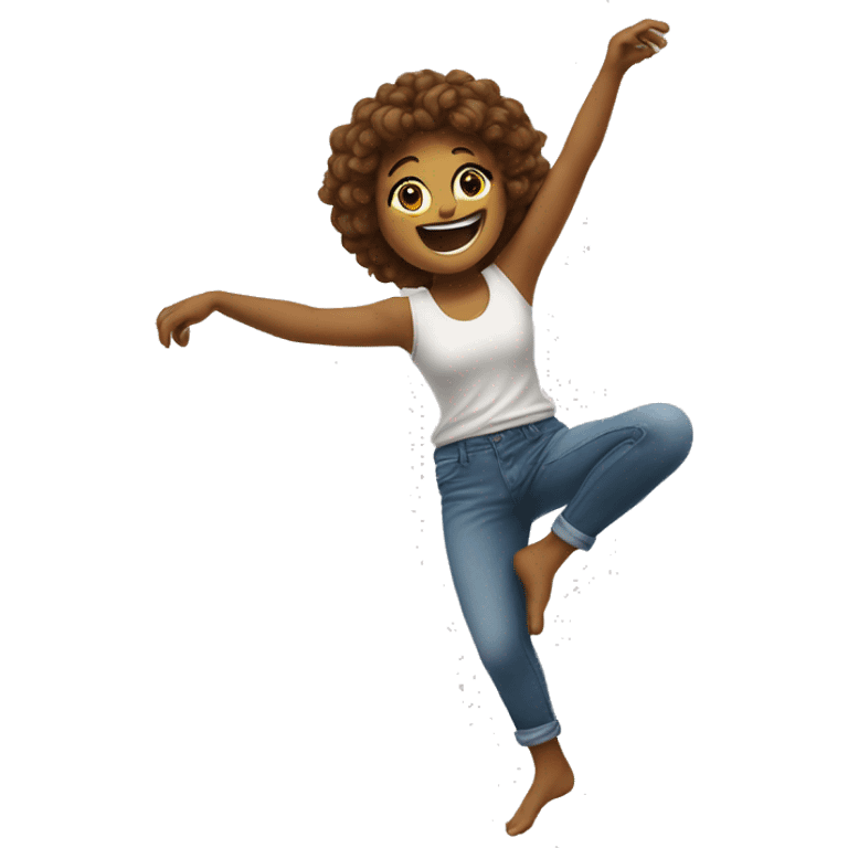 Dancing girl with arms up in a crickel and one leg up in a corner  emoji