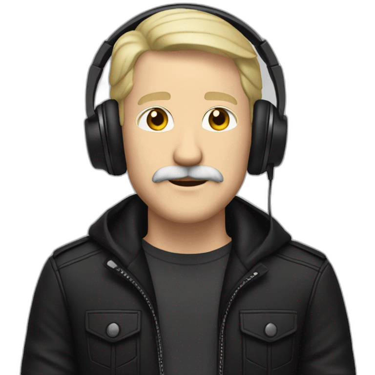 ADULT WHITE MAN BLONDE HAIR AND MUSTACHE USING A BLACK JACKET AND A HEADPHONE WITH A NEUTRAL FACE emoji