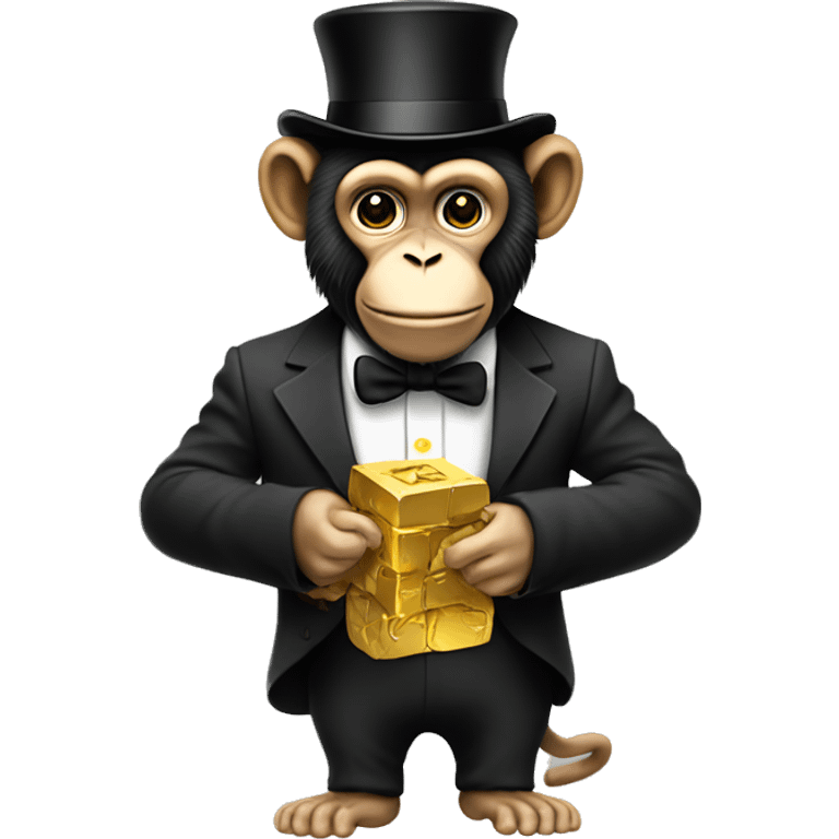 a monkey holding a block of gold in one hand with a banana in the other with a top hat on emoji