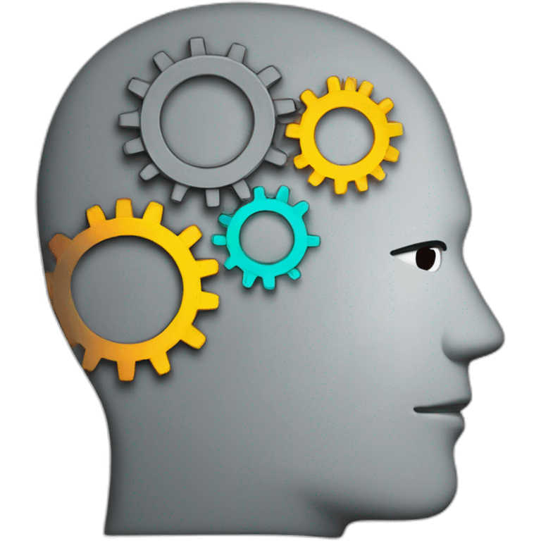 a grey outlined thinking serious man's head with 3 coloured gears in the head emoji