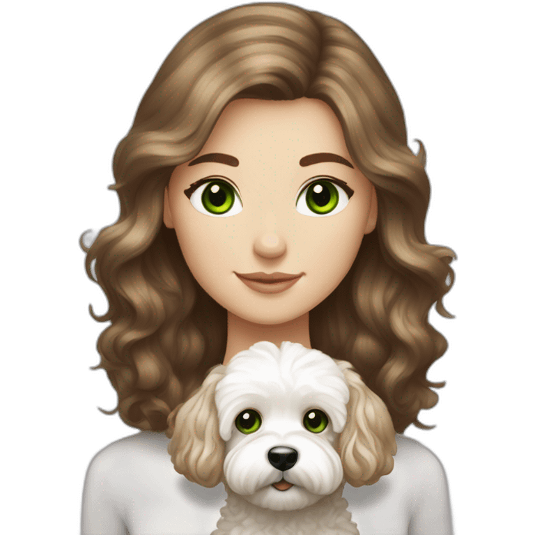 Long brown hair, green eyes, Caucasian girl with white maltipoo emoji