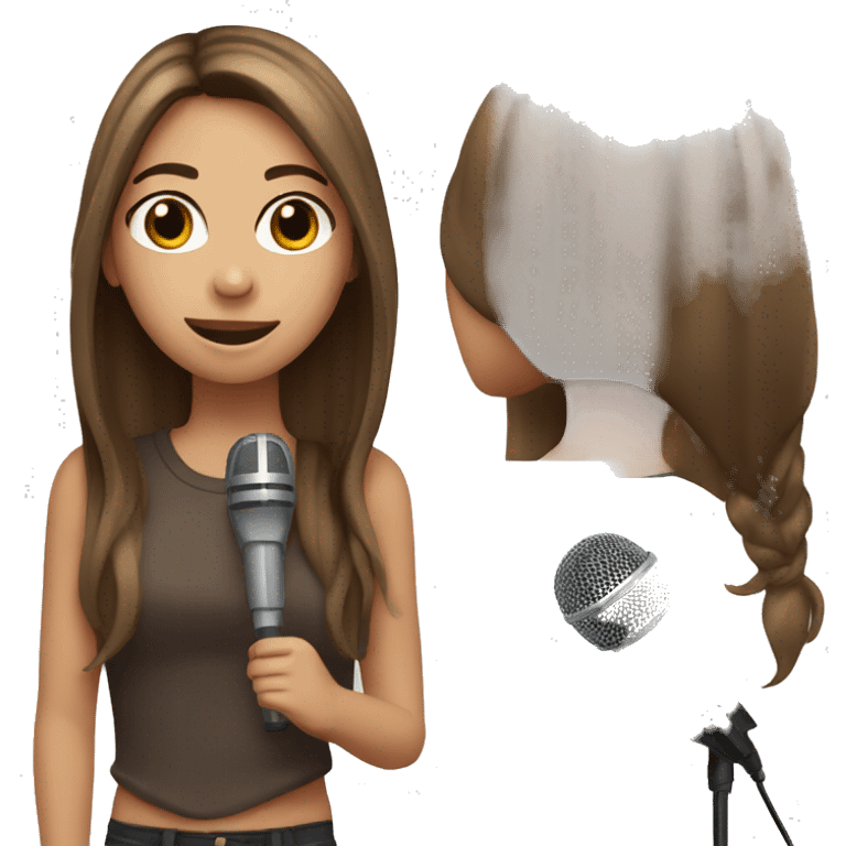 girl with straight long brown hair, brown eyes with microphone emoji