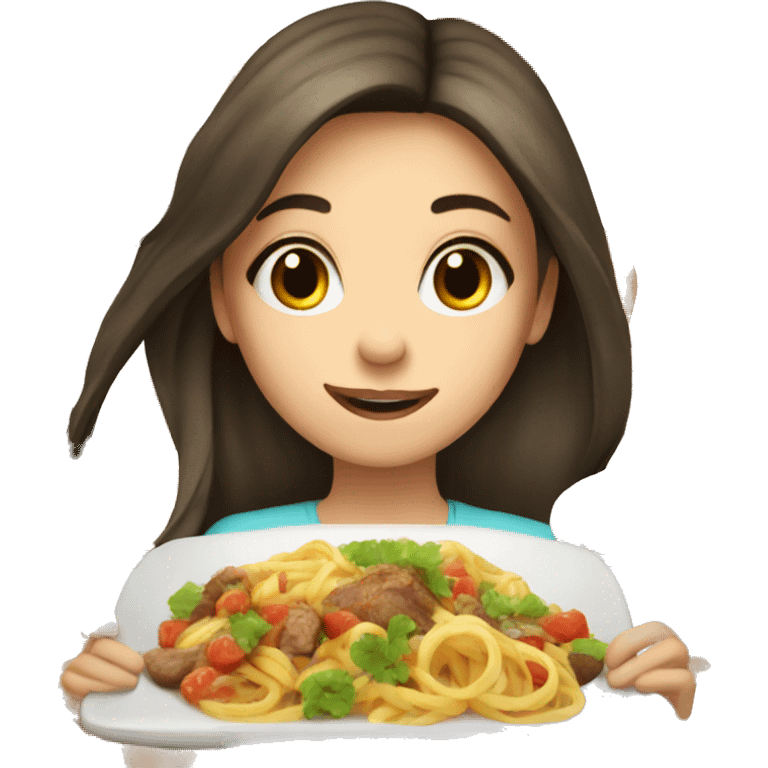 Long hair brunette female showing plates of food emoji