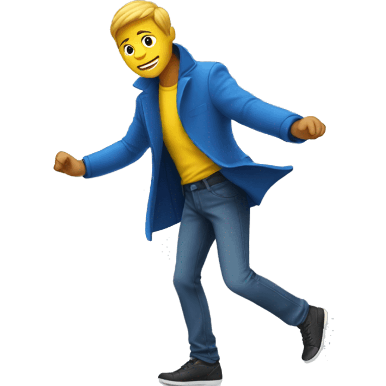 GUY WITH BLUE COAT AND YELLOW INNER SHIRT SHOWING HIS DANCE MOVES emoji